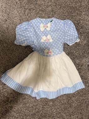Vintage Rare Editions Girls Blue Polka Dot Dress with Rosette Bows and Striped R